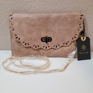 Moda Luxe Tan Flat Crossbody Bag with Gold Chain | New with Tags